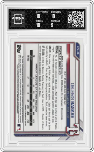 Osleivis Basabe from the 2021 Bowman Chrome set graded by Arena Club and given an overall grade of 9.5.