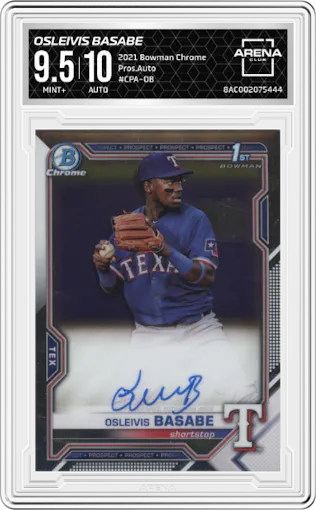 Osleivis Basabe from the 2021 Bowman Chrome set graded by Arena Club and given an overall grade of 9.5.
