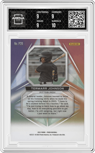 Termarr Johnson from the 2023 Panini Prizm set graded by Arena Club and given an overall grade of 9.5.