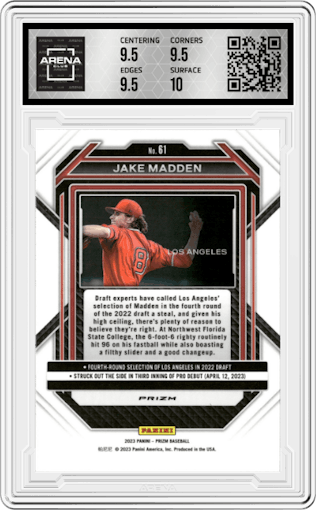 Jake Madden from the 2023 Panini Prizm set featuring a Hyper parallel graded by Arena Club and given an overall grade of 10.