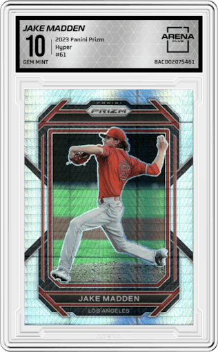 Jake Madden from the 2023 Panini Prizm set featuring a Hyper parallel graded by Arena Club and given an overall grade of 10.
