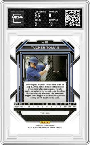 Tucker Toman from the 2023 Panini Prizm set featuring a Pulsar parallel graded by Arena Club and given an overall grade of 9.5.
