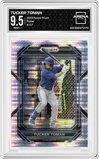 Tucker Toman from the 2023 Panini Prizm set featuring a Pulsar parallel graded by Arena Club and given an overall grade of 9.5.