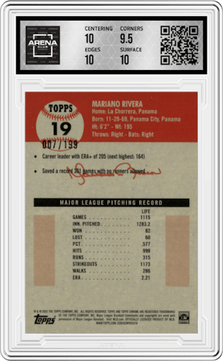Mariano Rivera from the 2022 Topps Chrome Platinum Anniversary set featuring a Blue Mini-Diamond Refractor parallel graded by Arena Club and given an overall grade of 10.