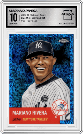 Mariano Rivera from the 2022 Topps Chrome Platinum Anniversary set featuring a Blue Mini-Diamond Refractor parallel graded by Arena Club and given an overall grade of 10.