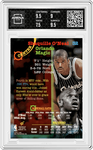 Shaquille O'Neal from the 1994-95 Topps Stadium Club set featuring a Members Only parallel graded by Arena Club and given an overall grade of 8.