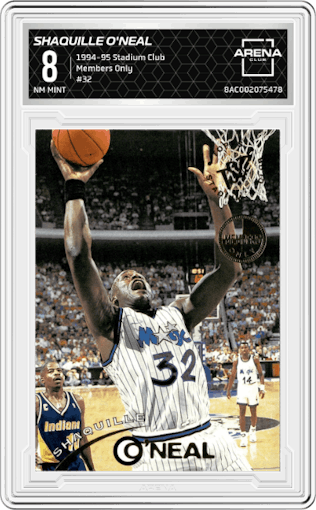 Shaquille O'Neal from the 1994-95 Topps Stadium Club set featuring a Members Only parallel graded by Arena Club and given an overall grade of 8.