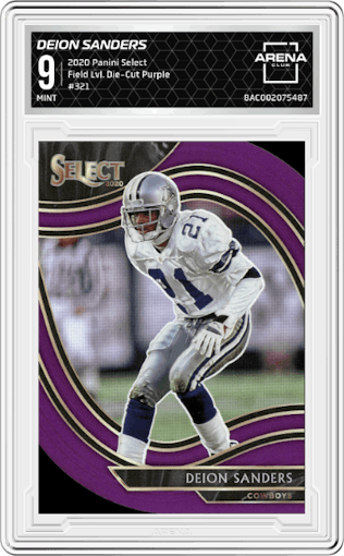 Deion Sanders from the 2020 Panini Select set featuring a Die-Cut Purple parallel graded by Arena Club and given an overall grade of 9.