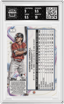Corbin Carroll from the 2023 Topps Cosmic Chrome set graded by Arena Club and given an overall grade of 9.5.