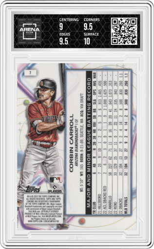 Corbin Carroll from the 2023 Topps Cosmic Chrome set graded by Arena Club and given an overall grade of 9.5.