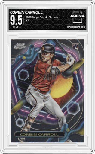 Corbin Carroll from the 2023 Topps Cosmic Chrome set graded by Arena Club and given an overall grade of 9.5.