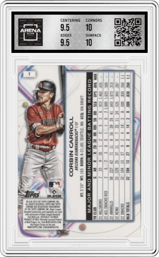 Corbin Carroll from the 2023 Topps Cosmic Chrome set graded by Arena Club and given an overall grade of 10.