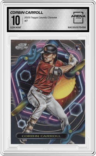 Corbin Carroll from the 2023 Topps Cosmic Chrome set graded by Arena Club and given an overall grade of 10.