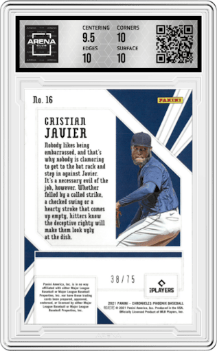 Cristian Javier from the 2021 Panini Chronicles set featuring a Green parallel graded by Arena Club and given an overall grade of 10.