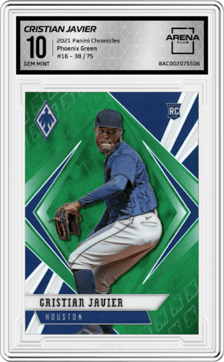 Cristian Javier from the 2021 Panini Chronicles set featuring a Green parallel graded by Arena Club and given an overall grade of 10.