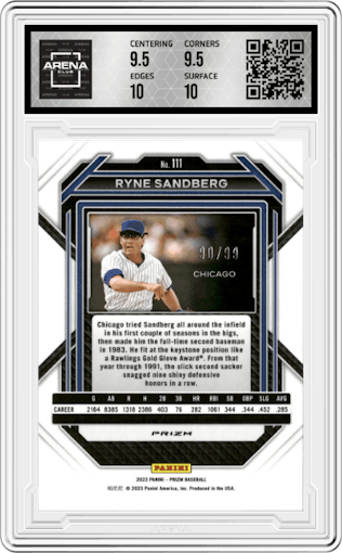 Ryne Sandberg from the 2023 Panini Prizm set featuring a Purple Prizm parallel graded by Arena Club and given an overall grade of 10.