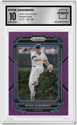 Ryne Sandberg from the 2023 Panini Prizm set featuring a Purple Prizm parallel graded by Arena Club and given an overall grade of 10.