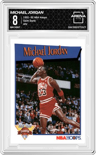 Michael Jordan from the 1991-92 NBA Hoops set graded by Arena Club and given an overall grade of 8.