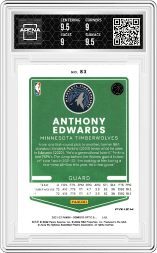 Anthony Edwards from the 2021-22 Panini Donruss Optic set featuring a Blue Velocity parallel graded by Arena Club and given an overall grade of 9.5.