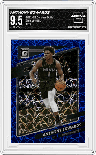 Anthony Edwards from the 2021-22 Panini Donruss Optic set featuring a Blue Velocity parallel graded by Arena Club and given an overall grade of 9.5.