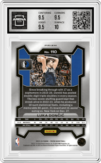 Luka Doncic from the 2023-24 Panini Prizm set featuring a Silver Prizm  parallel graded by Arena Club and given an overall grade of 10.