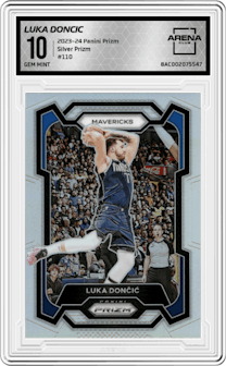 Luka Doncic from the 2023-24 Panini Prizm set featuring a Silver Prizm  parallel graded by Arena Club and given an overall grade of 10.