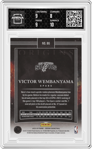Victor Wembanyama from the 2023-24 Panini Origins set featuring a Red parallel graded by Arena Club and given an overall grade of 8.5.