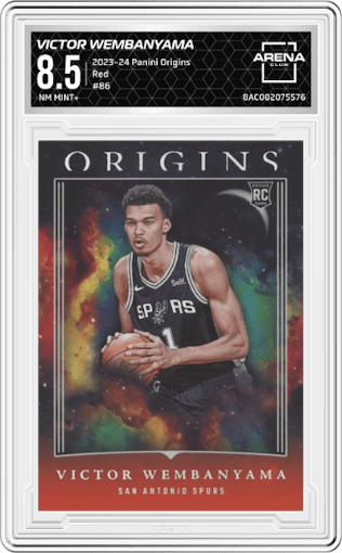 Victor Wembanyama from the 2023-24 Panini Origins set featuring a Red parallel graded by Arena Club and given an overall grade of 8.5.