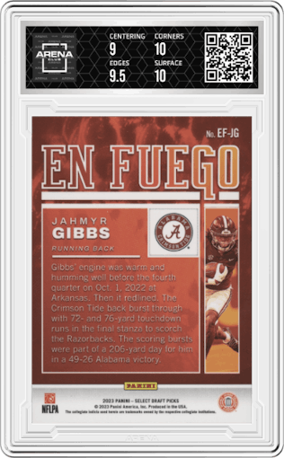 Jahmyr Gibbs from the 2023 Panini Select Draft Picks set graded by Arena Club and given an overall grade of 9.5.