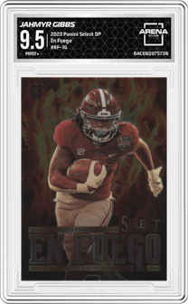 Jahmyr Gibbs from the 2023 Panini Select Draft Picks set graded by Arena Club and given an overall grade of 9.5.