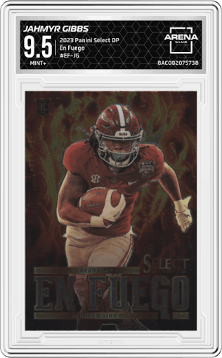 Jahmyr Gibbs from the 2023 Panini Select Draft Picks set graded by Arena Club and given an overall grade of 9.5.