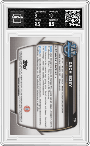 Zach Edey from the 2022-23 Bowman University Chrome set graded by Arena Club and given an overall grade of 9.5.