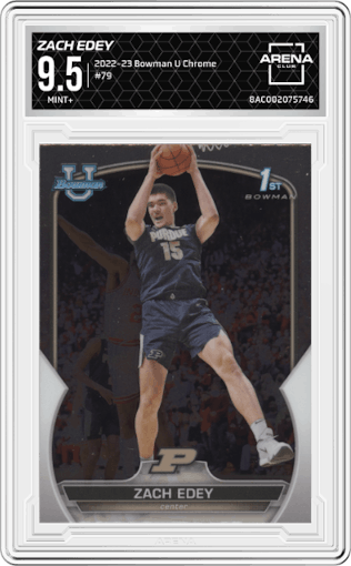 Zach Edey from the 2022-23 Bowman University Chrome set graded by Arena Club and given an overall grade of 9.5.