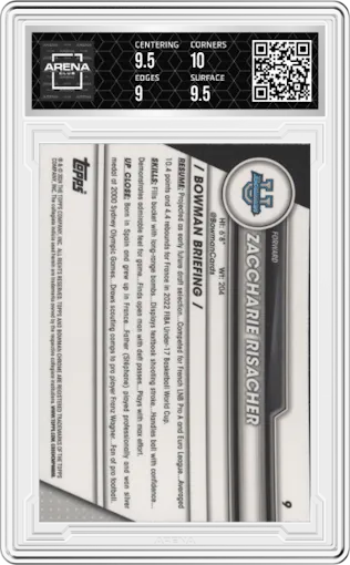 Zaccharie Risacher from the 2023-24 Bowman U Chrome set featuring a Fuchsia Refractor parallel graded by Arena Club and given an overall grade of 9.5.