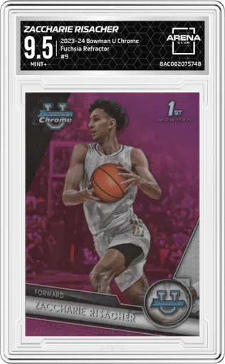 Zaccharie Risacher from the 2023-24 Bowman U Chrome set featuring a Fuchsia Refractor parallel graded by Arena Club and given an overall grade of 9.5.