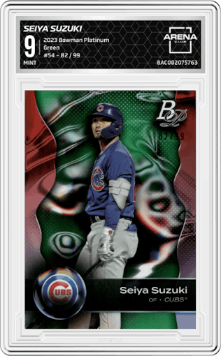 Seiya Suzuki from the 2023 Bowman Platinum set featuring a Green parallel graded by Arena Club and given an overall grade of 9.
