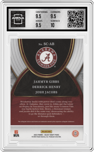 Jahmyr Gibbs/Derrick Henry/Josh Jacobs from the 2023 Panini Select Draft Picks set graded by Arena Club and given an overall grade of 10.