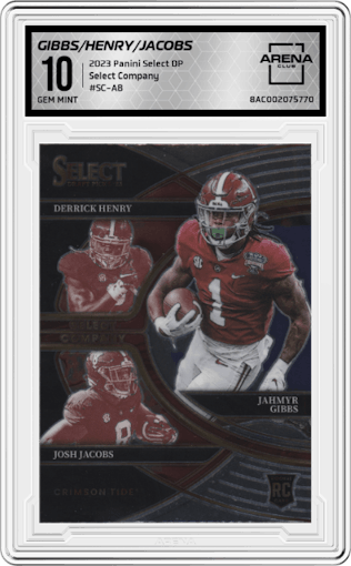 Jahmyr Gibbs/Derrick Henry/Josh Jacobs from the 2023 Panini Select Draft Picks set graded by Arena Club and given an overall grade of 10.
