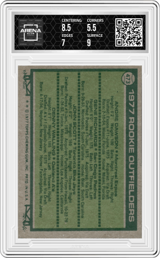 Andre Dawson/Gene Richards/John Scott/Denny Walling from the 1977 Topps set graded by Arena Club and given an overall grade of 6.