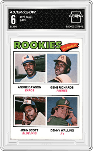 Andre Dawson/Gene Richards/John Scott/Denny Walling from the 1977 Topps set graded by Arena Club and given an overall grade of 6.