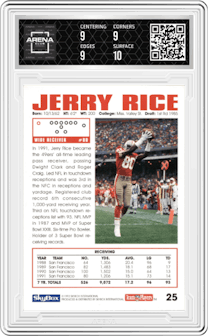 Jerry Rice from the 1992 SkyBox Impact set graded by Arena Club and given an overall grade of 9.5.