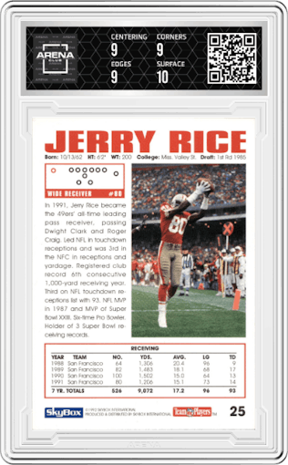 Jerry Rice from the 1992 SkyBox Impact set graded by Arena Club and given an overall grade of 9.5.