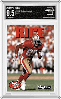 Jerry Rice from the 1992 SkyBox Impact set graded by Arena Club and given an overall grade of 9.5.