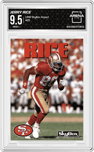 Jerry Rice from the 1992 SkyBox Impact set graded by Arena Club and given an overall grade of 9.5.