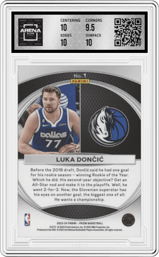 Luka Doncic from the 2023-24 Panini Prizm set graded by Arena Club and given an overall grade of 10.