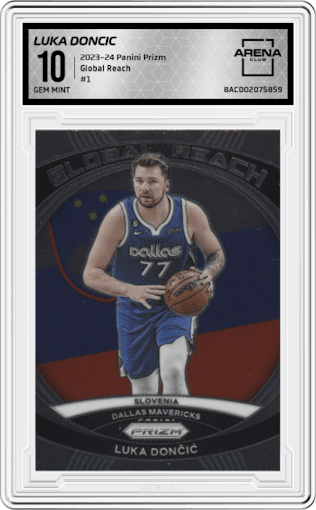 Luka Doncic from the 2023-24 Panini Prizm set graded by Arena Club and given an overall grade of 10.