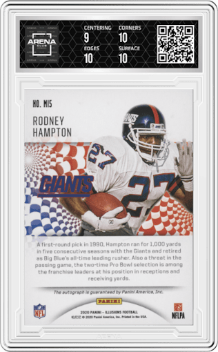 Rodney Hampton from the 2020 Panini Illusions set featuring a Gold parallel graded by Arena Club and given an overall grade of 9.5.