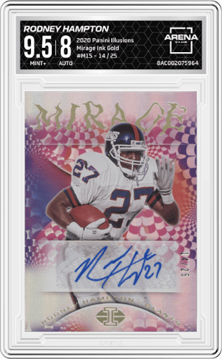 Rodney Hampton from the 2020 Panini Illusions set featuring a Gold parallel graded by Arena Club and given an overall grade of 9.5.
