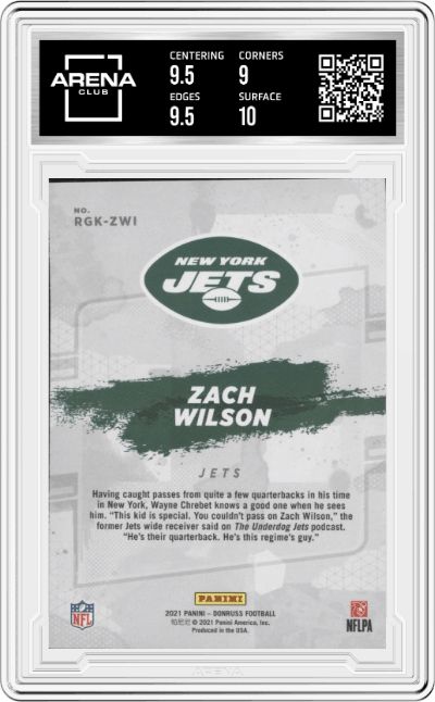 Zach Wilson from the 2021 Panini Donruss set graded by Arena Club and given an overall grade of 9.5.