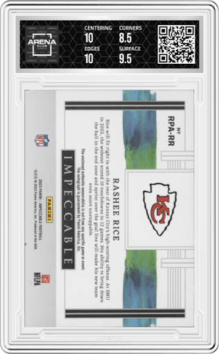 Rashee Rice from the 2023 Panini Impeccable set featuring a Silver parallel graded by Arena Club and given an overall grade of 9.